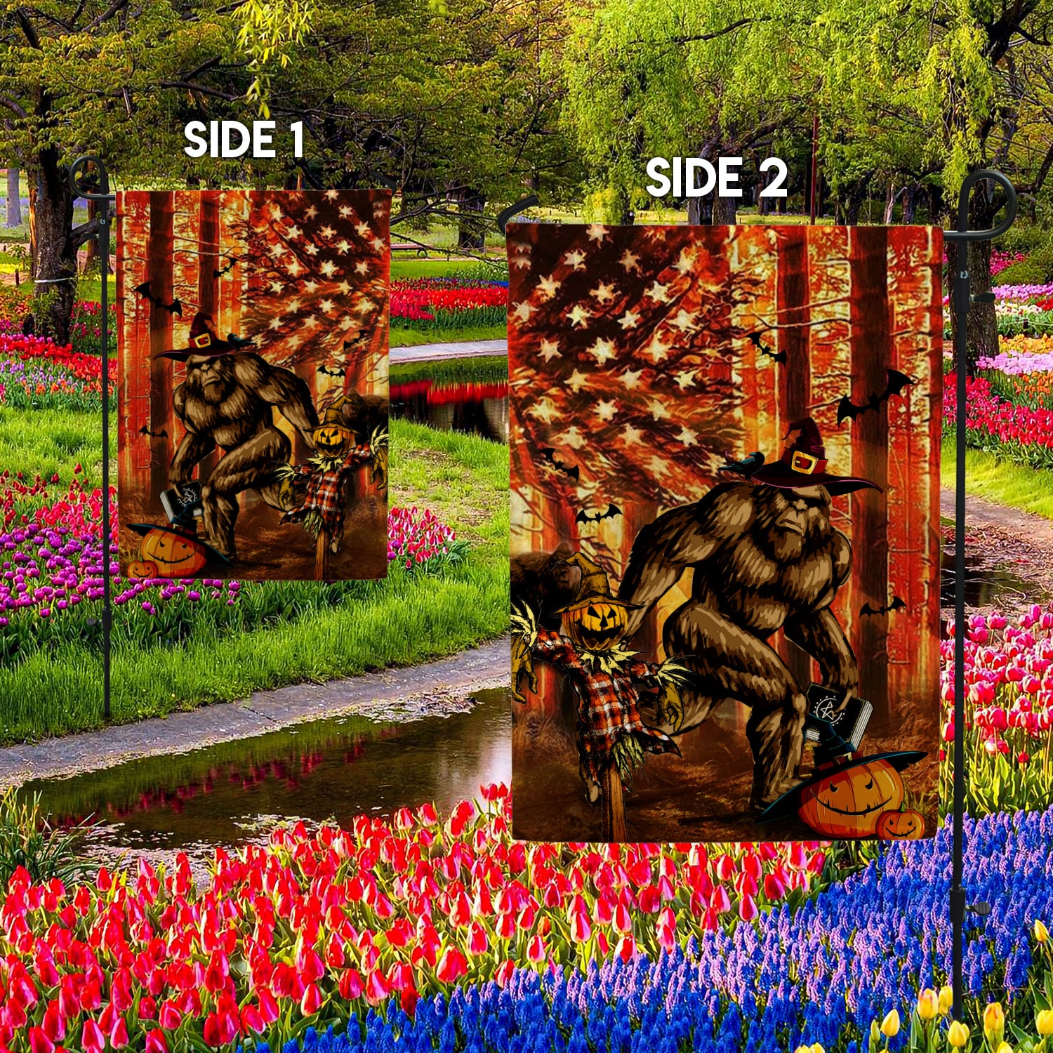 3KT. Bigfoot Halloween_30x40_side 1 Garden Flag Mockup 2 Side-2