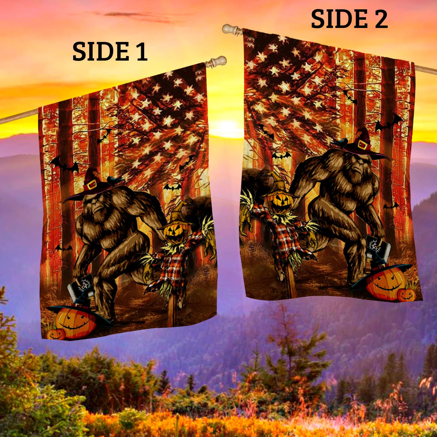 3KT. Bigfoot Halloween_30x40_side 1 House Flag Mockup 2 Side