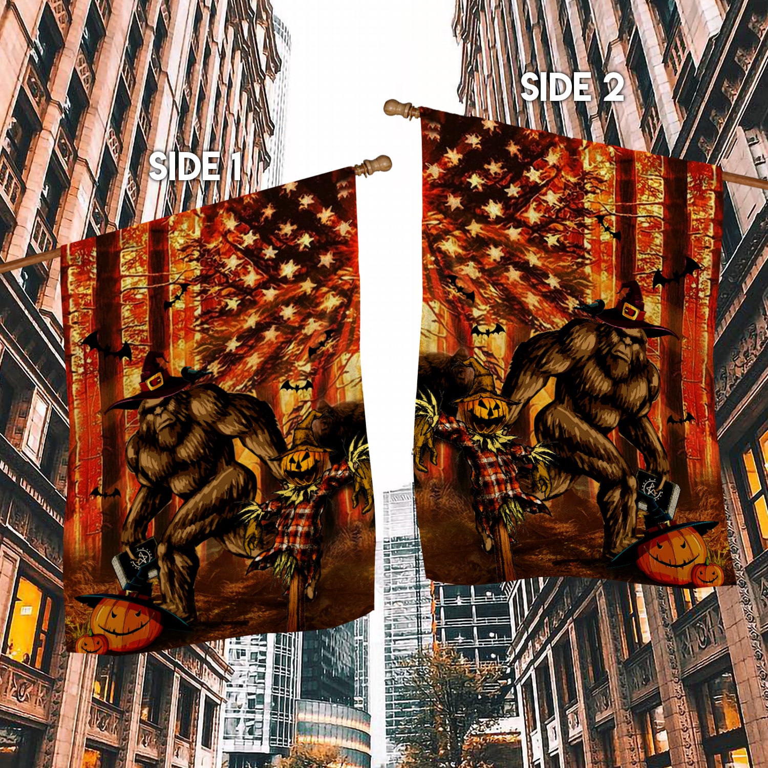 3KT. Bigfoot Halloween_30x40_side 1 House Flag Mockup 2 Side-1