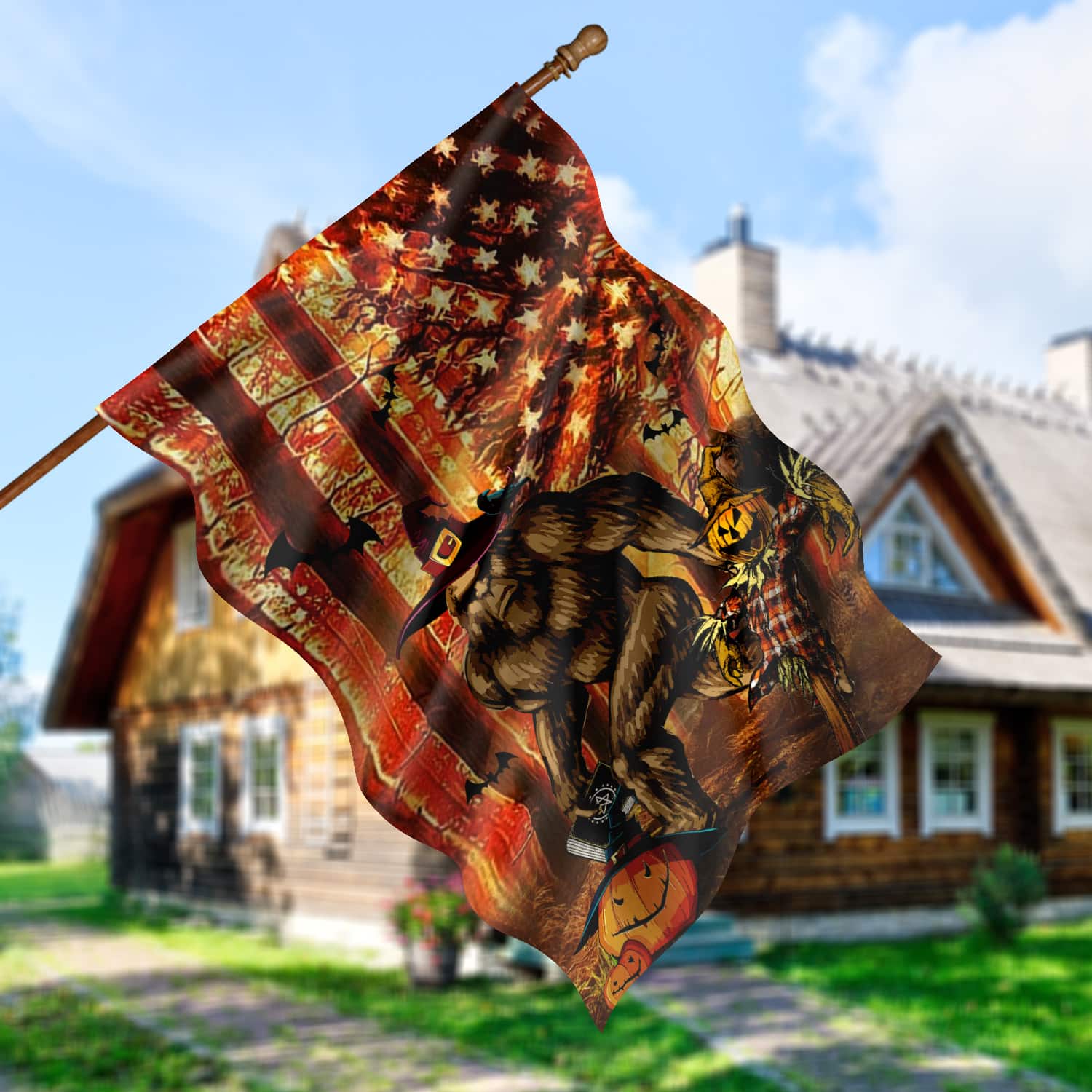 3KT. Bigfoot Halloween_30x40_side 1 House Flag Mockup 5