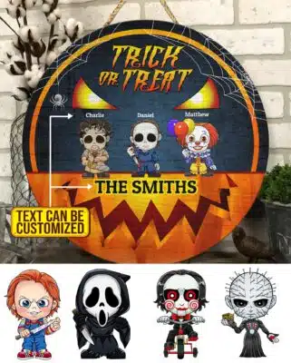 Trick or Treat Personalized Horror Character Door Sign - Custom Halloween Character Front Porch Sign -  Halloween Birthday Gifts
