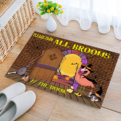 Please Park All Brooms At The Door Indoor Outdoor Decorative Doormat - Funny Halloween Entrance Doormat