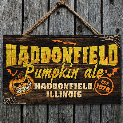 Haddonfield Pumpkin Ale 1978 Halloween Rectangle Wooden Door Sign - Front Porch Sign Indoor Outdoor Decor