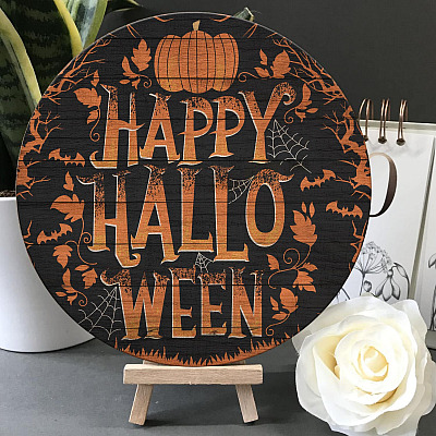 Alternative view of Happy Halloween Pumpkin Circle Wooden Door Sign Hanger - Front Porch Sign Indoor Outdoor Decoration