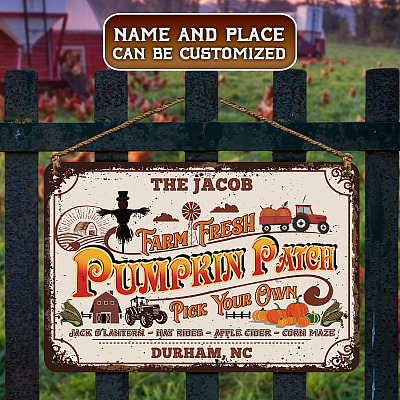 Alternative view of Personalized Name Place Farm Fresh Pumpkin Patch Halloween Metal Sign - Funny Halloween Pumpkin Harvest Farmhouse Custom Metal Sign