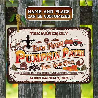 Personalized Name Place Farm Fresh Pumpkin Patch Halloween Metal Sign - Funny Halloween Pumpkin Harvest Farmhouse Custom Metal Sign
