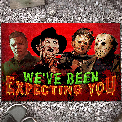 Horror Movie Characters Freddy Michael Jason Leatherface We've Been Expecting You Indoor Outdoor Doormat