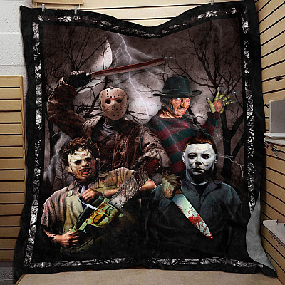 Horror Movie Characters Freddy Michael Jason Leatherface Halloween Fleece Blanket - Mink Sherpa Blanket