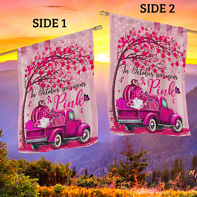 Alternative view of Gnomes In October We Wear Pink Halloween Pumpkin Decorative Outdoor Flag - In October Wear Pink Gnomes Ribbon Pumpkin Flag