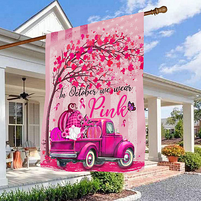 Gnomes In October We Wear Pink Halloween Pumpkin Decorative Outdoor Flag - In October Wear Pink Gnomes Ribbon Pumpkin Flag