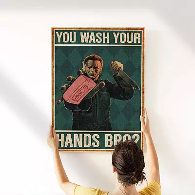 Alternative view of Michael Myers You Wash Your Hands Bro Halloween Funny Bathroom Framed Canvas Print - Home Decor Wall Art - Poster