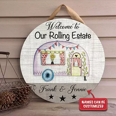 Custom Family Name Welcome to Our Rolling Estate Decorative Circle Wooden Door Sign - Front Porch Sign Indoor Outdoor Decor