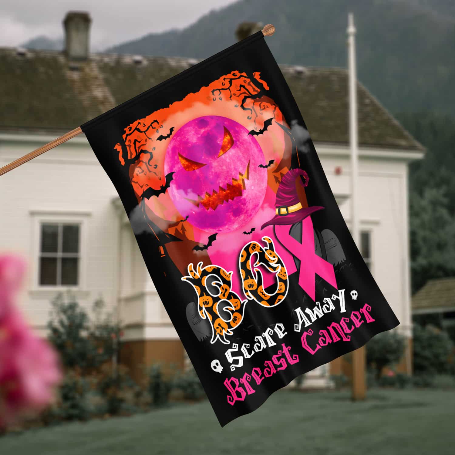 3KT. Boo Scare Away Breat Cancer-30X40 House Flag Mockup 4