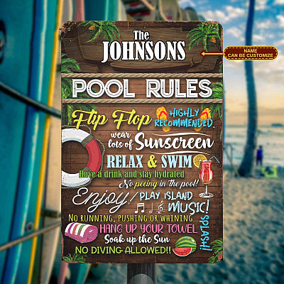 Alternative view of Personalized Name Pool Rules Flip-Flops Recommended Wear Lots Of Sunscreen Metal Sign - Pool sign