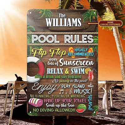 Personalized Name Pool Rules Flip-Flops Recommended Wear Lots Of Sunscreen Metal Sign - Pool sign