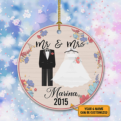 Personalized Name and Date Groom and Bride Outfit Decorative Christmas Ornament Keepsake - Holiday Flat Circle Ornament