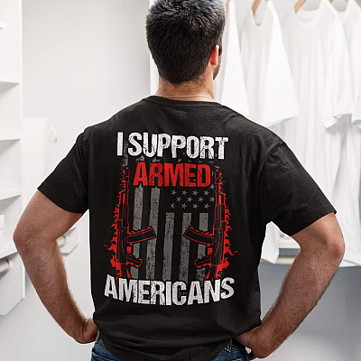 Alternative view of Vintage American Flag I Support Armed Americans Print on Back Plain Front T-Shirt -  Support 2nd Amendment Shirt