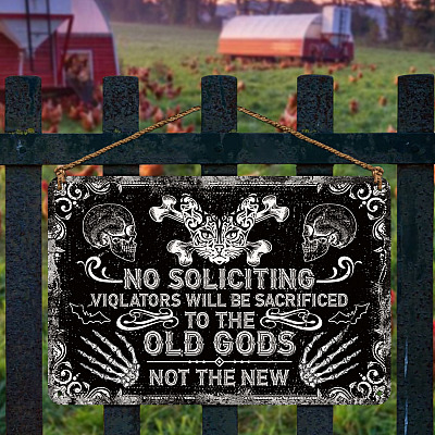 Alternative view of No Soliciting Violators Will Be Sacrificed To The Old God Not The New Witch Vintage Decorative Metal Sign - Halloween Witches Sign Decor