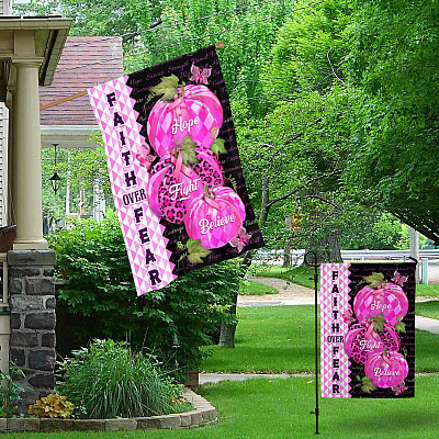 Alternative view of Faith Over Fear Hope Fight Believe Pink Ribbon Pumpkin Breast Cancer Outdoor House Flag - Home Garden Flag