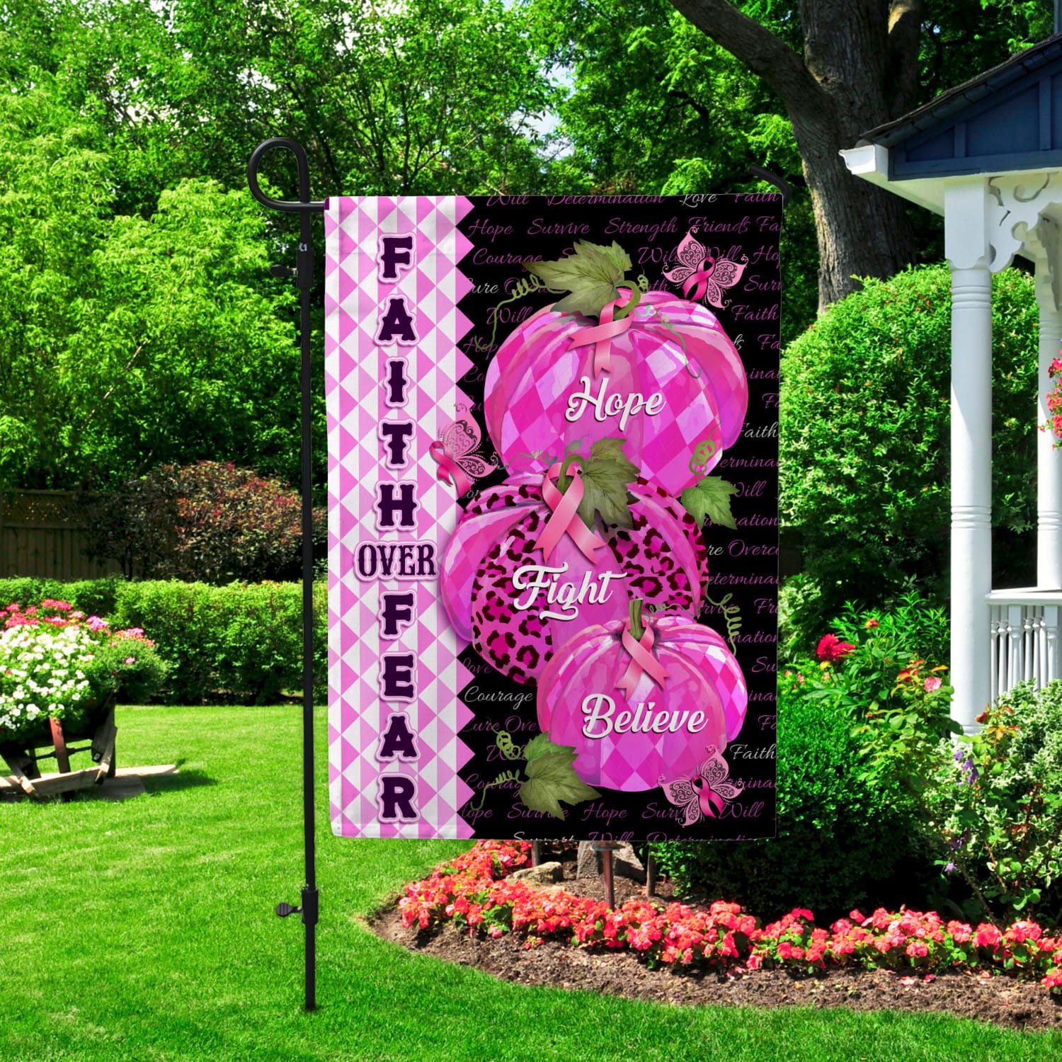 7VT. Faith Over Fear Breast Cancer Garden Flag Mockup 2