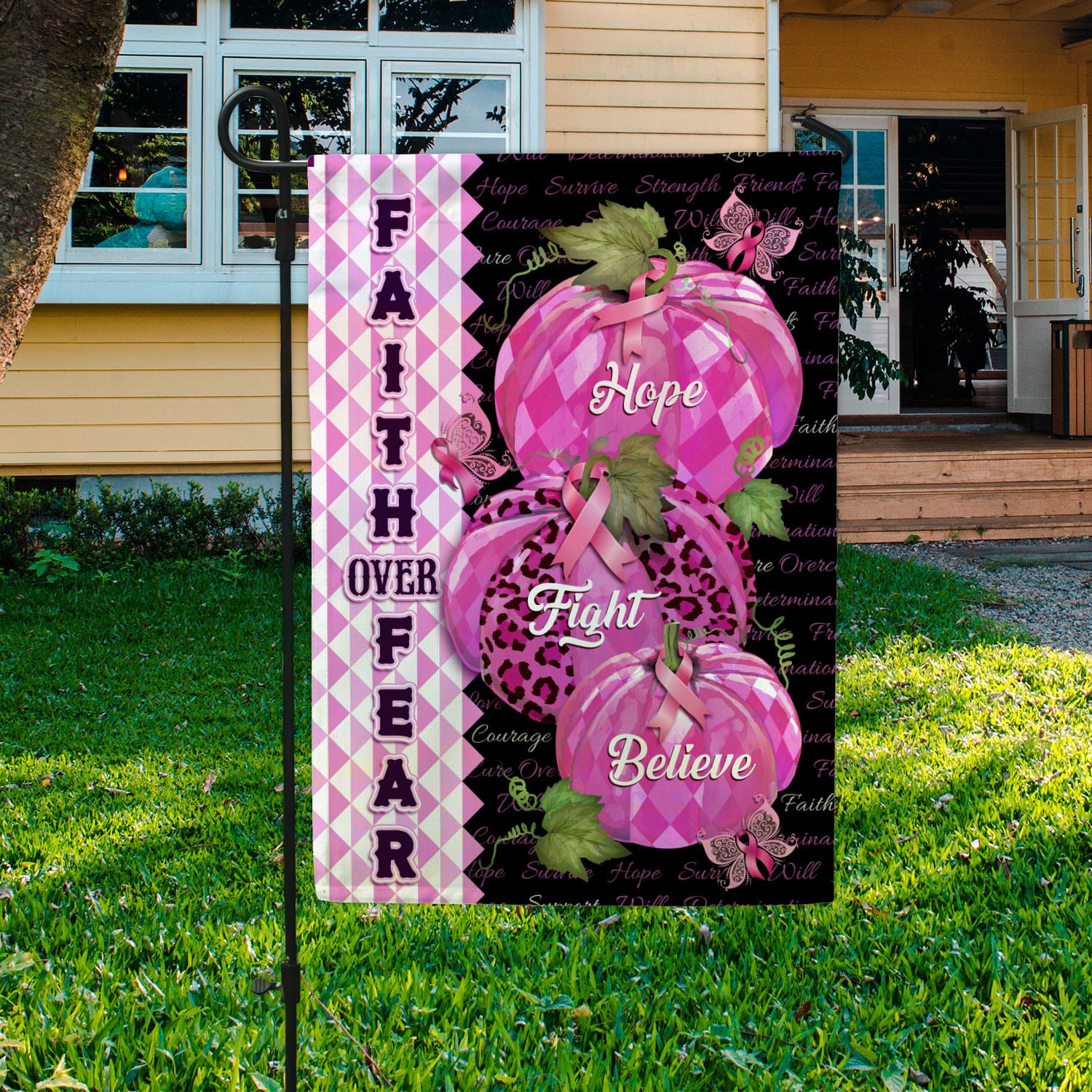 7VT. Faith Over Fear Breast Cancer Garden Flag Mockup 3