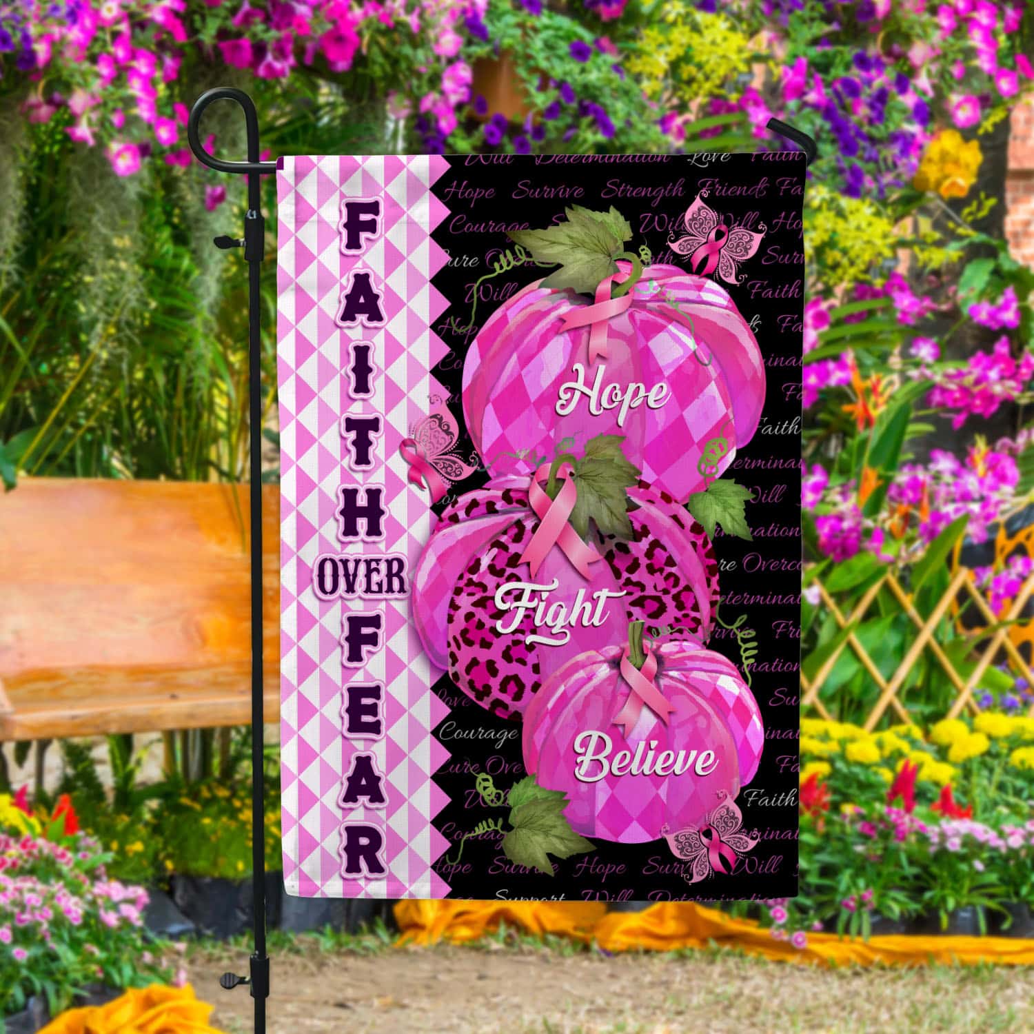 7VT. Faith Over Fear Breast Cancer Garden Flag Mockup 4