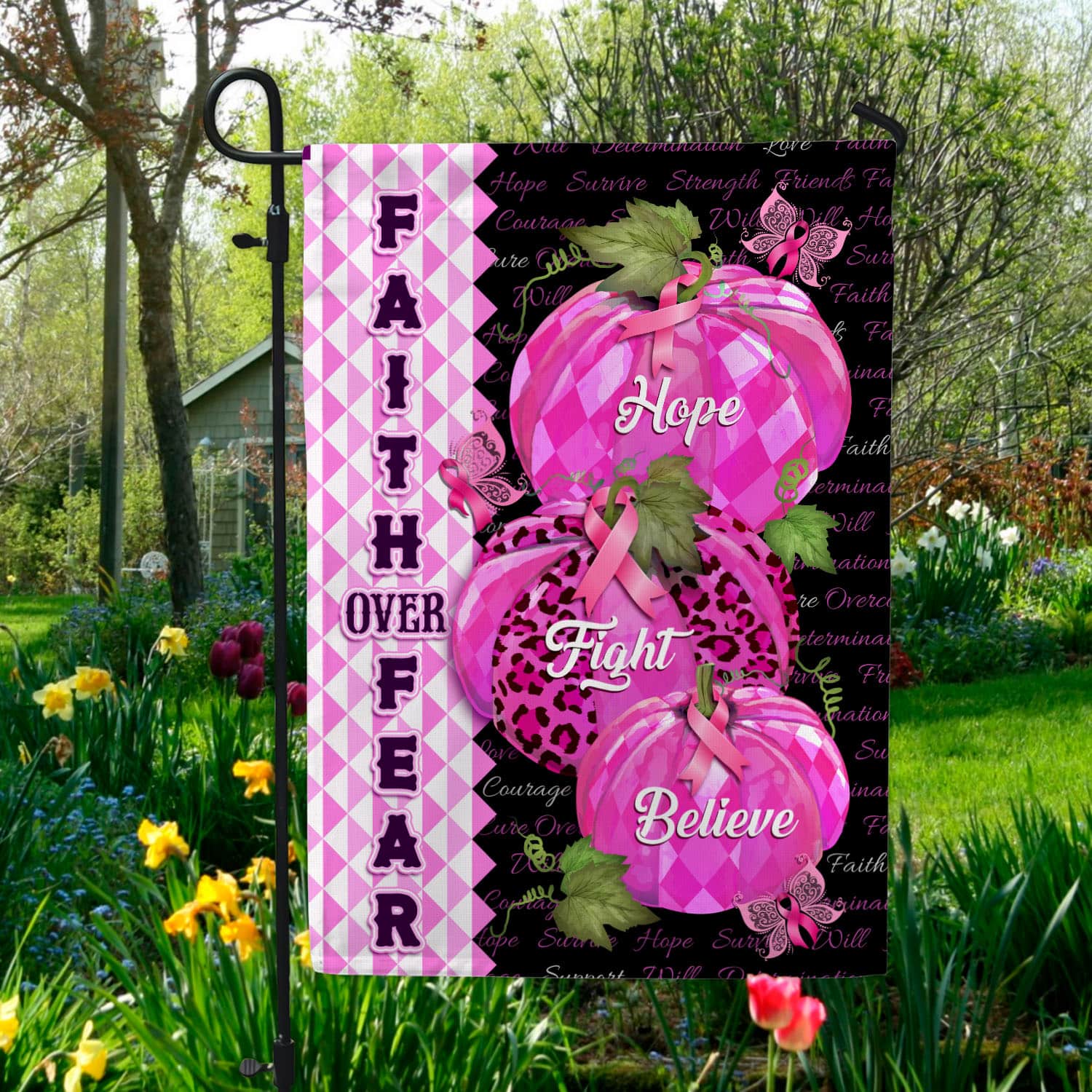 7VT. Faith Over Fear Breast Cancer Garden Flag Mockup 5
