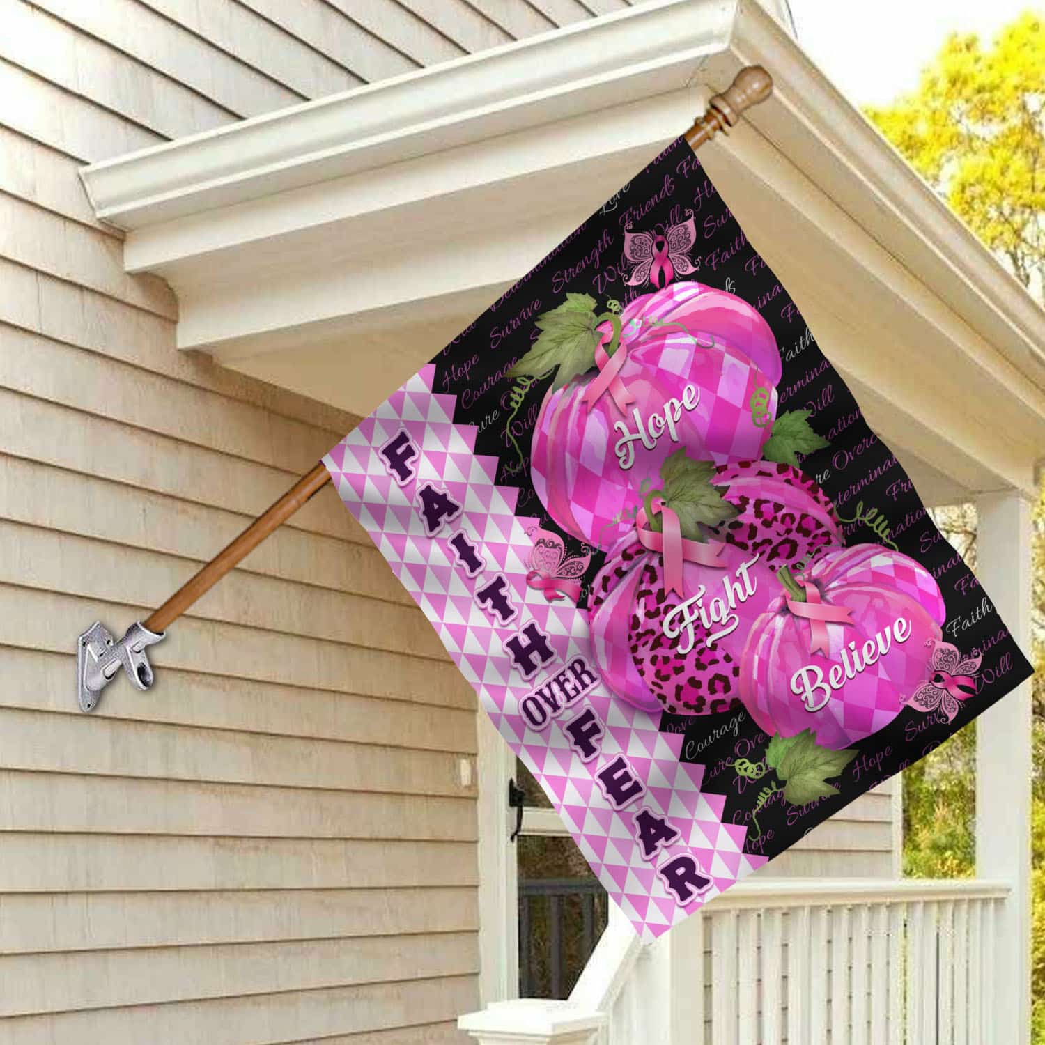 7VT. Faith Over Fear Breast Cancer House Flag Mockup 2