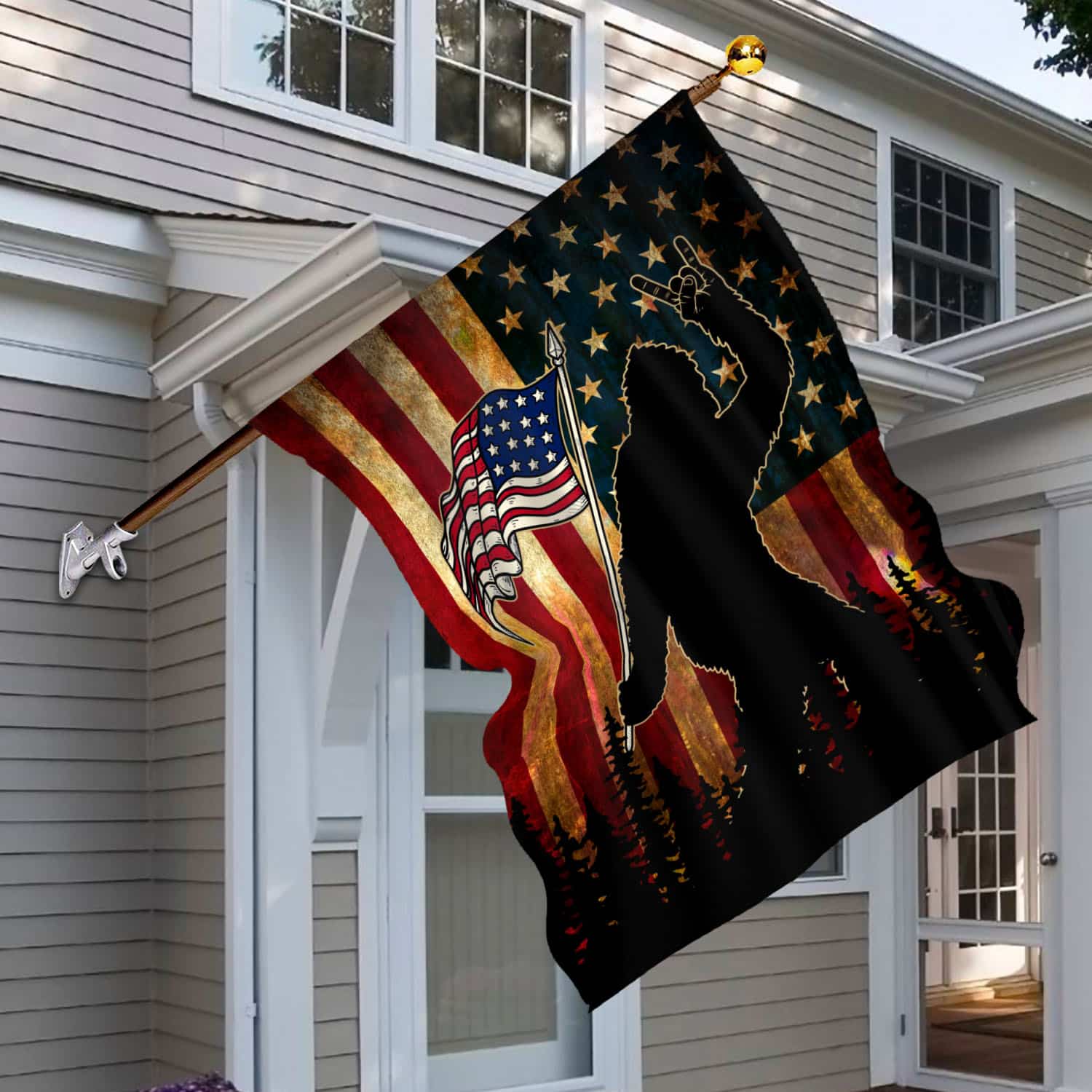 9VT. Bigfoot American Flag House Flag Mockup 6