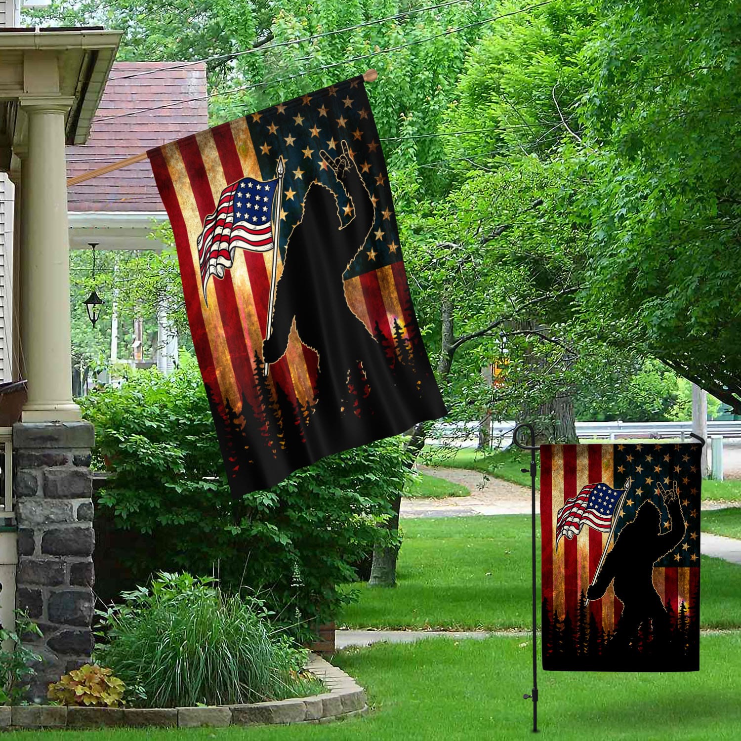 9VT. Bigfoot American Flag Garden & House Mockup 1