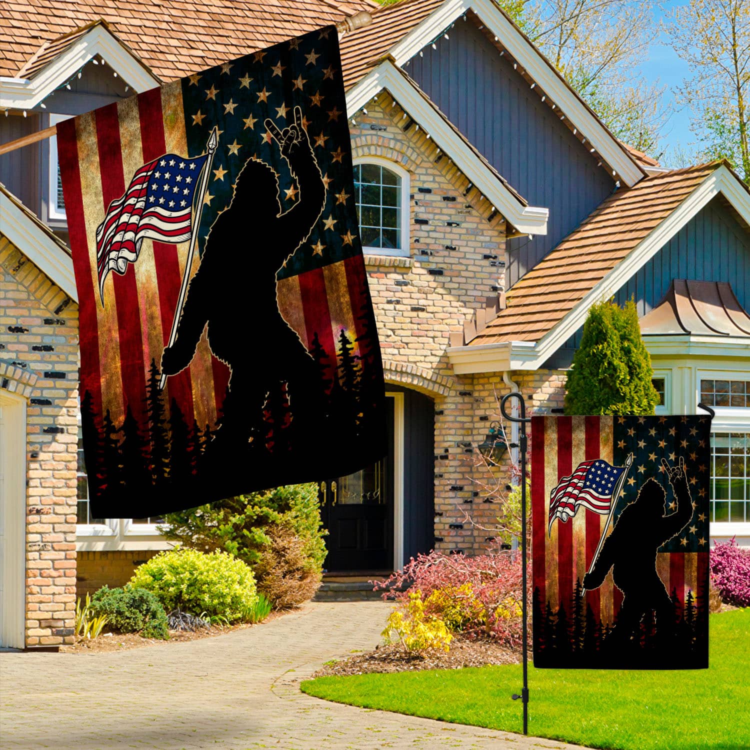 9VT. Bigfoot American Flag Garden & House Mockup 3