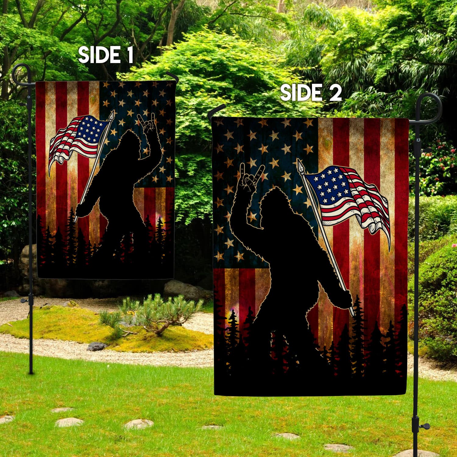 9VT. Bigfoot American Flag Garden Flag Mockup 2 Side