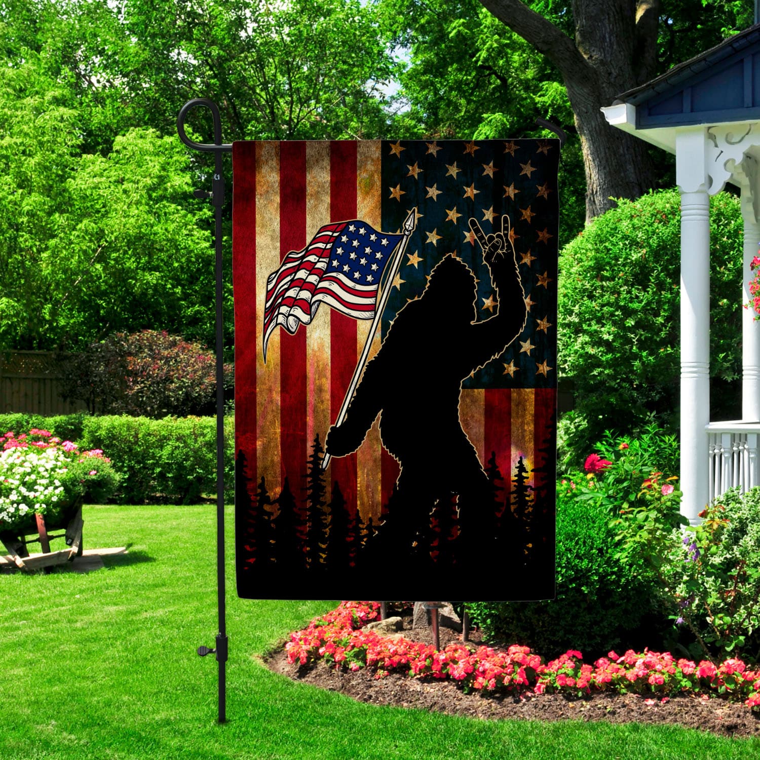 9VT. Bigfoot American Flag Garden Flag Mockup 2