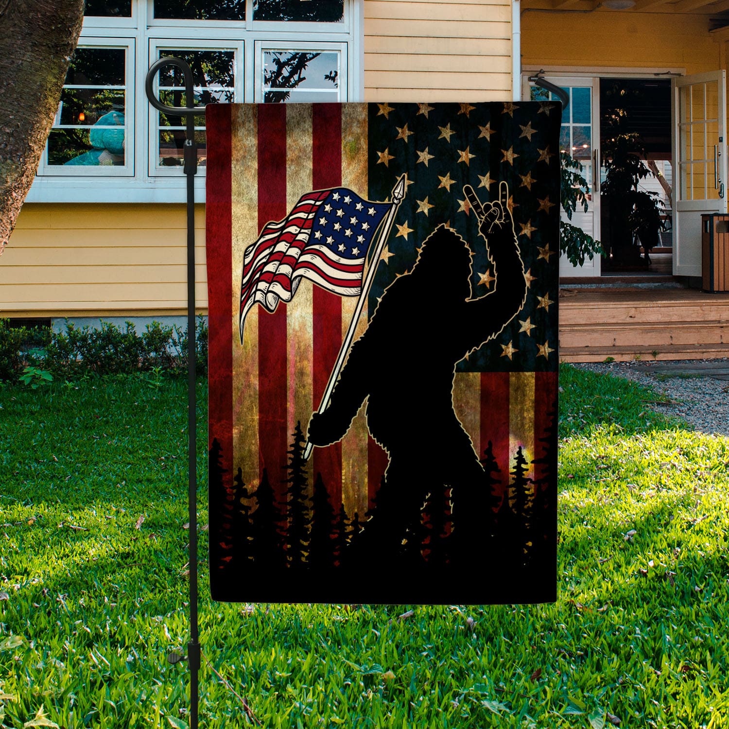 9VT. Bigfoot American Flag Garden Flag Mockup 3