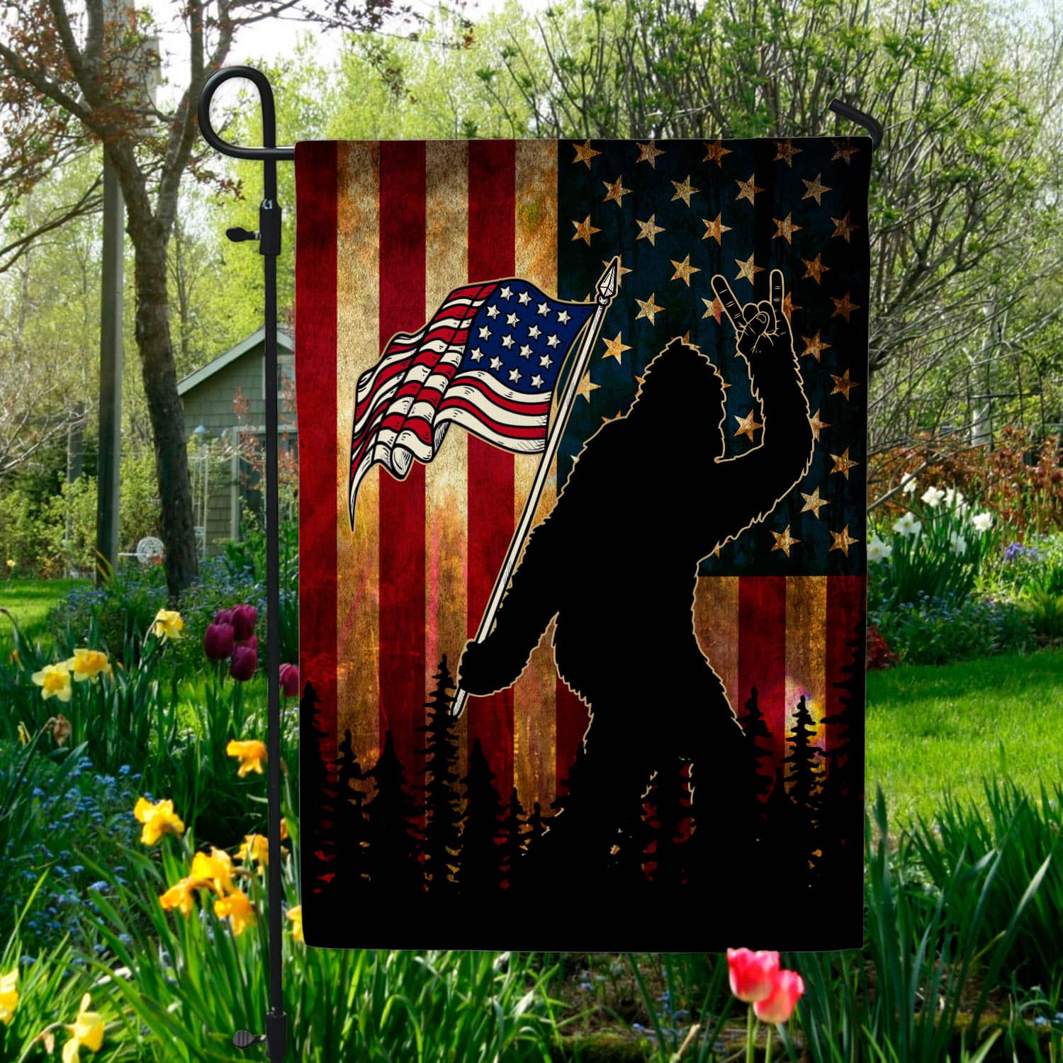 9VT. Bigfoot American Flag Garden Flag Mockup 5