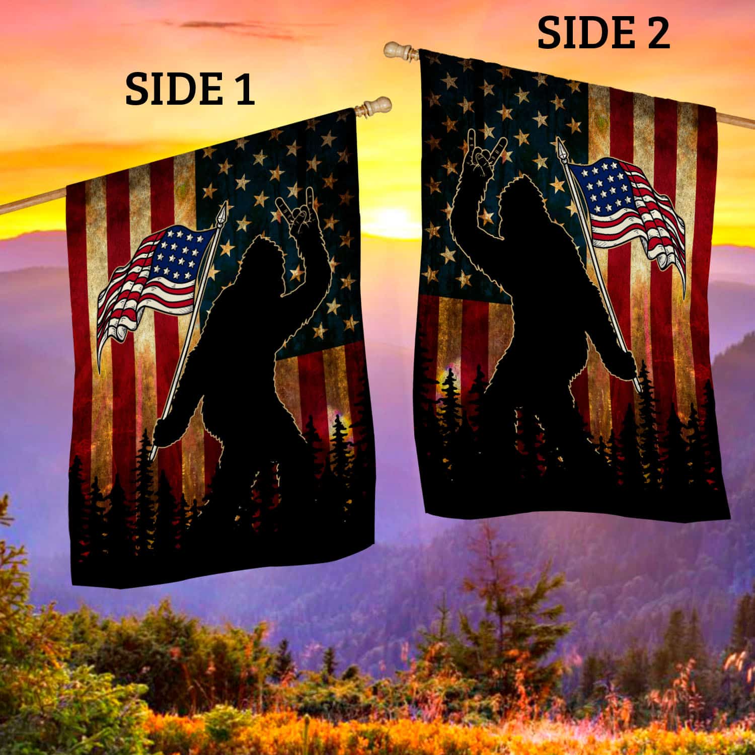 9VT. Bigfoot American Flag House Flag Mockup 2 Side