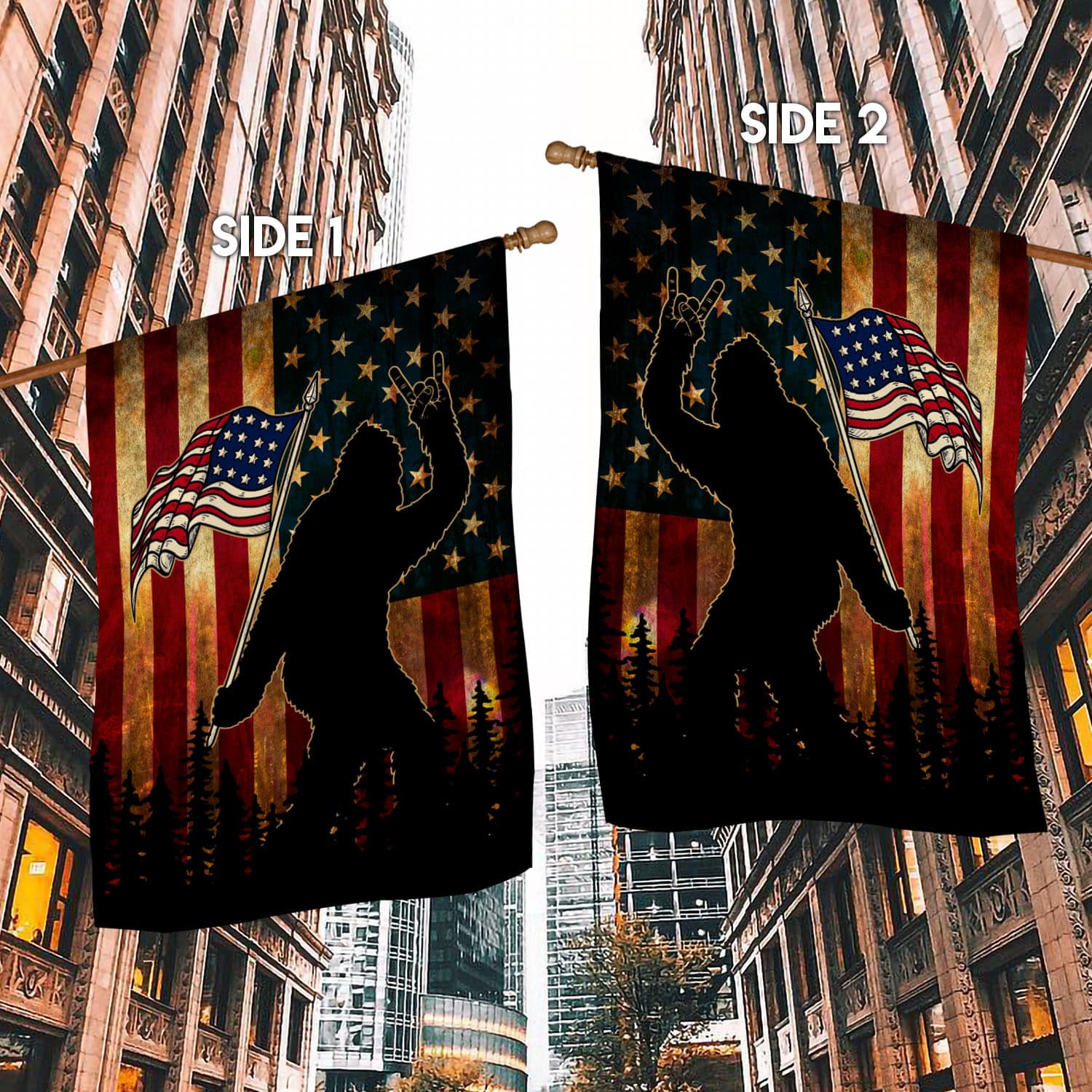 9VT. Bigfoot American Flag House Flag Mockup 2 Side-1