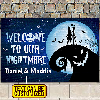 Personalized Welcome To Our Nightmare Jack And Sally House Doormat - Funny Halloween Outdoor Indoor Doormat