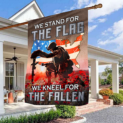 We Stand For The Flag We Kneel For The Fallen Poppy Flowers American Outdoor House Flag - Veteran Home Garden Flag