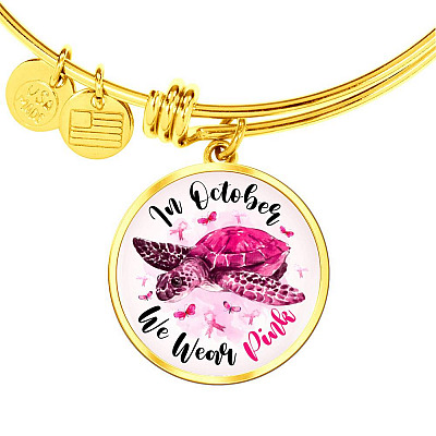Turtle In October We Wear Pink Circle Breast Cancer Awareness Pendant Necklace - Breast Cancer Survivor Bangle - Circle Luxury Bangle (Gold Plated)