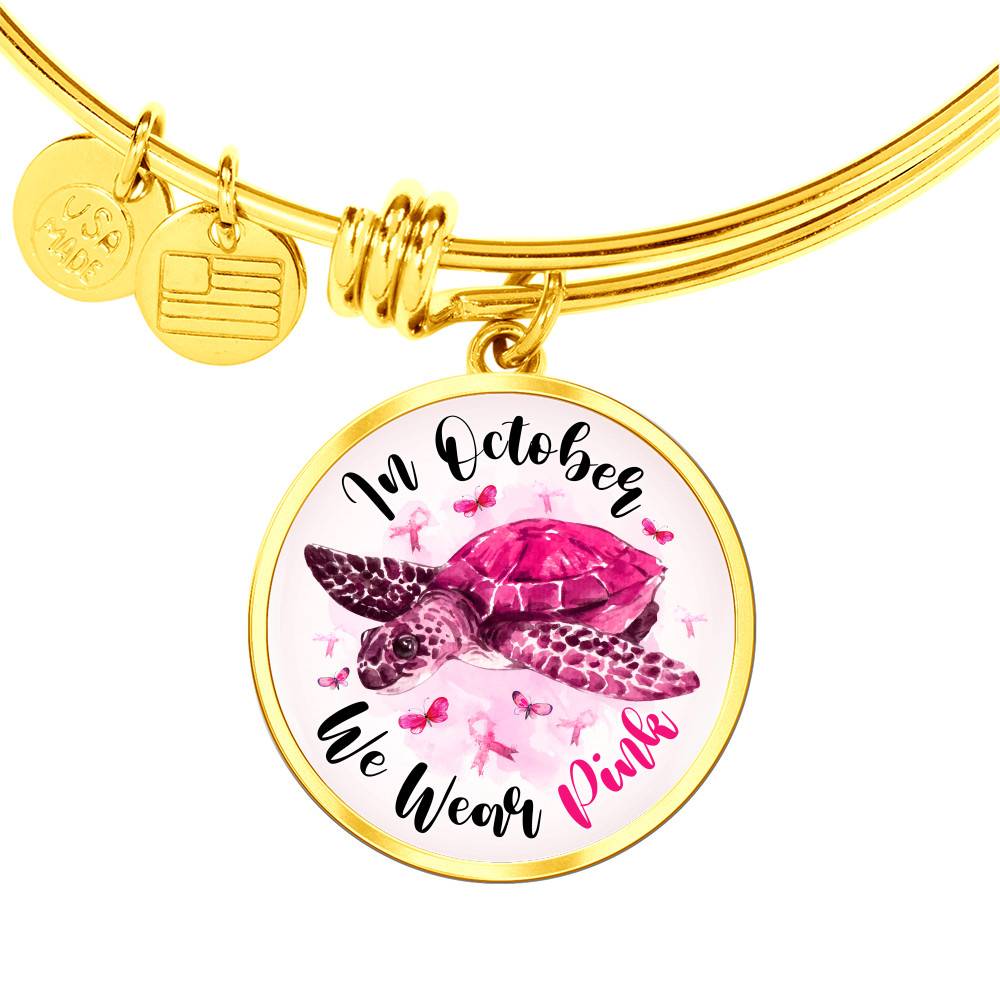 Turtle In October We Wear Pink Circle Breast Cancer Awareness Pendant Necklace - Breast Cancer Survivor Bangle - Circle Luxury Bangle (Gold Plated)