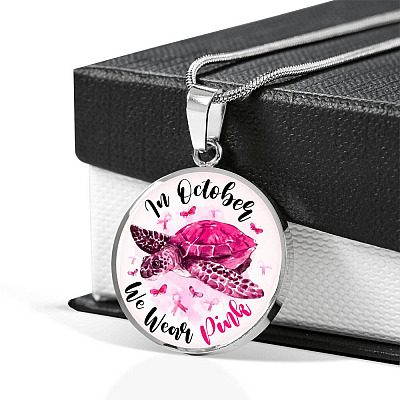 Turtle In October We Wear Pink Circle Breast Cancer Awareness Pendant Necklace - Breast Cancer Survivor Bangle