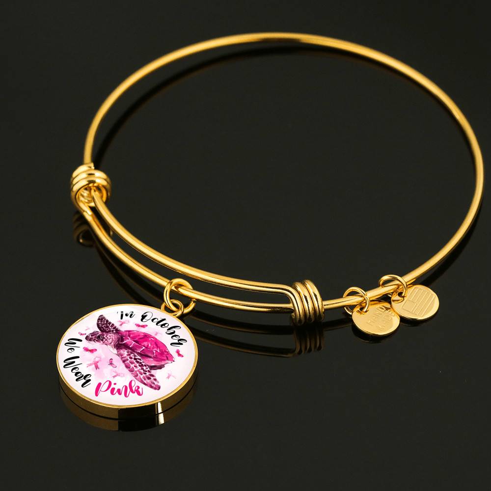 Turtle In October We Wear Pink Circle Breast Cancer Awareness Pendant Necklace - Breast Cancer Survivor Bangle