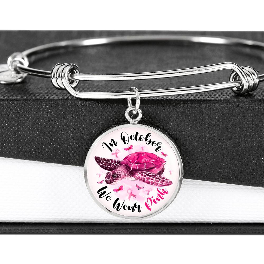 Turtle In October We Wear Pink Circle Breast Cancer Awareness Pendant Necklace - Breast Cancer Survivor Bangle