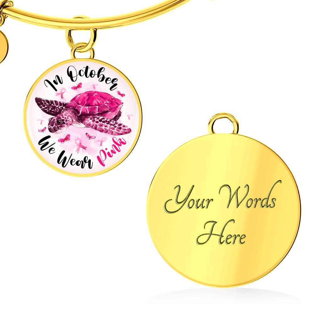 Turtle In October We Wear Pink Circle Breast Cancer Awareness Pendant Necklace - Breast Cancer Survivor Bangle