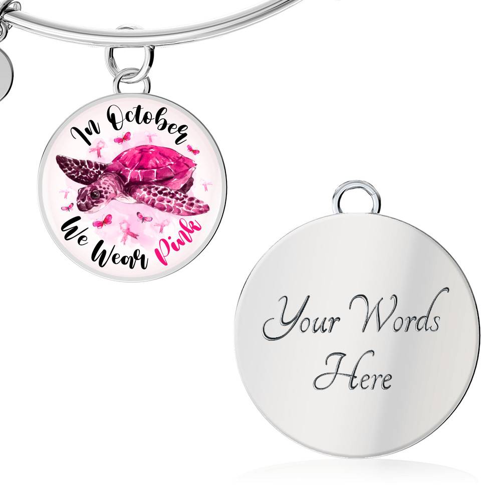 Turtle In October We Wear Pink Circle Breast Cancer Awareness Pendant Necklace - Breast Cancer Survivor Bangle
