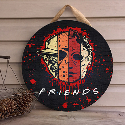 Scary Movie Characters Horror Halloween Friends Wooden Door Sign - Scary Halloween Movies Friends Faces Front Porch Sign Decor Farmhouse