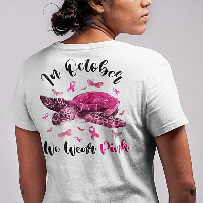 Turtle In October We Wear Pink Print On Back T-shirt - V-neck - Breast Cancer Awareness Shirt