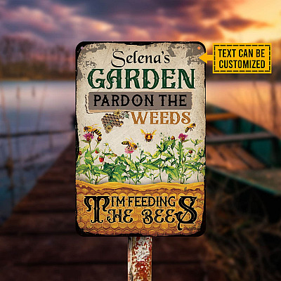Alternative view of Garden Decor Personalized Garden Pardon the Weeds I'm Feeding the Bees Vintage Metal Sign - Outdoor Decor Farmhouse