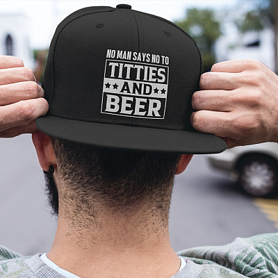 Alternative view of No Man Says No To Titties And Beer Twill Cap - High-Profile Snapback Hat - Funny Beer Cap For Men